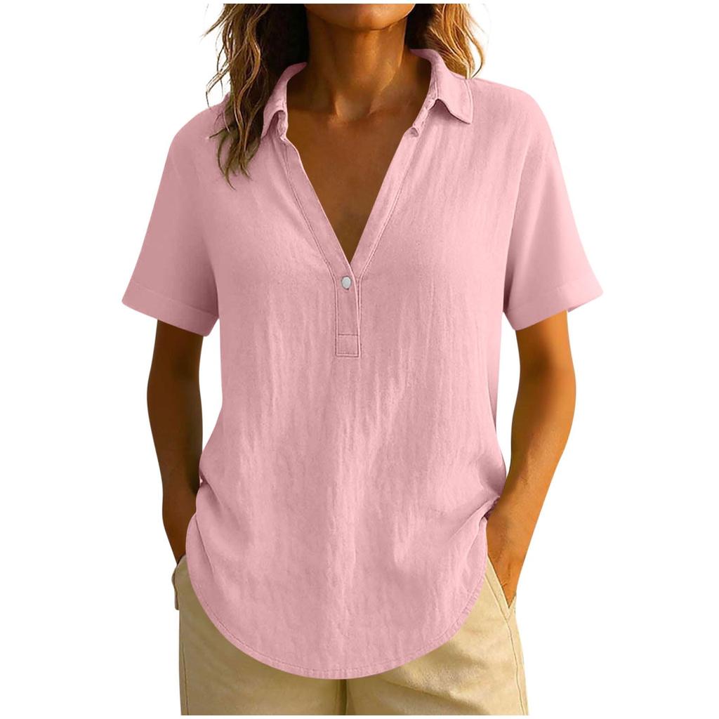 Women's Comfortable Linen Button-Down Short-Sleeve Shirt