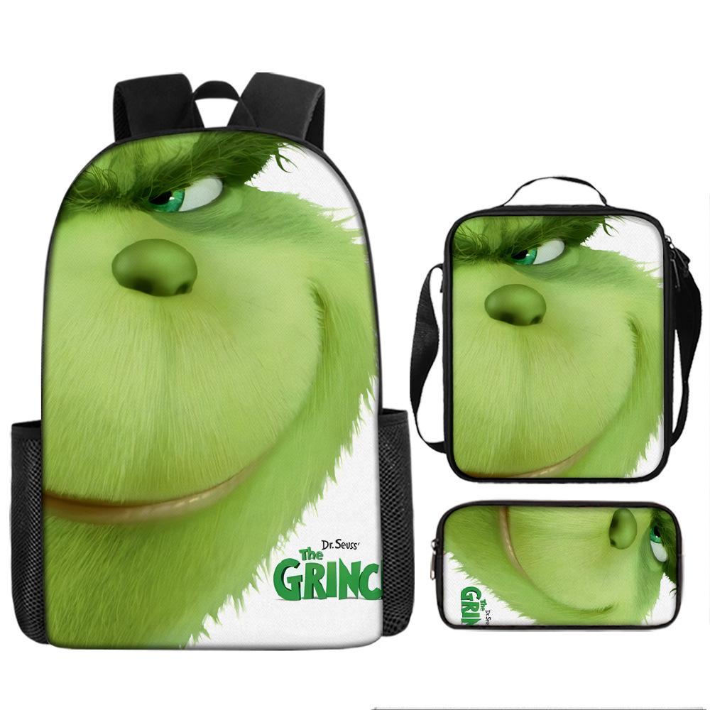Green Hair Grinch Grinch School Bag Cartoon Backpack Three-Piece Set Satchel Pencil Case