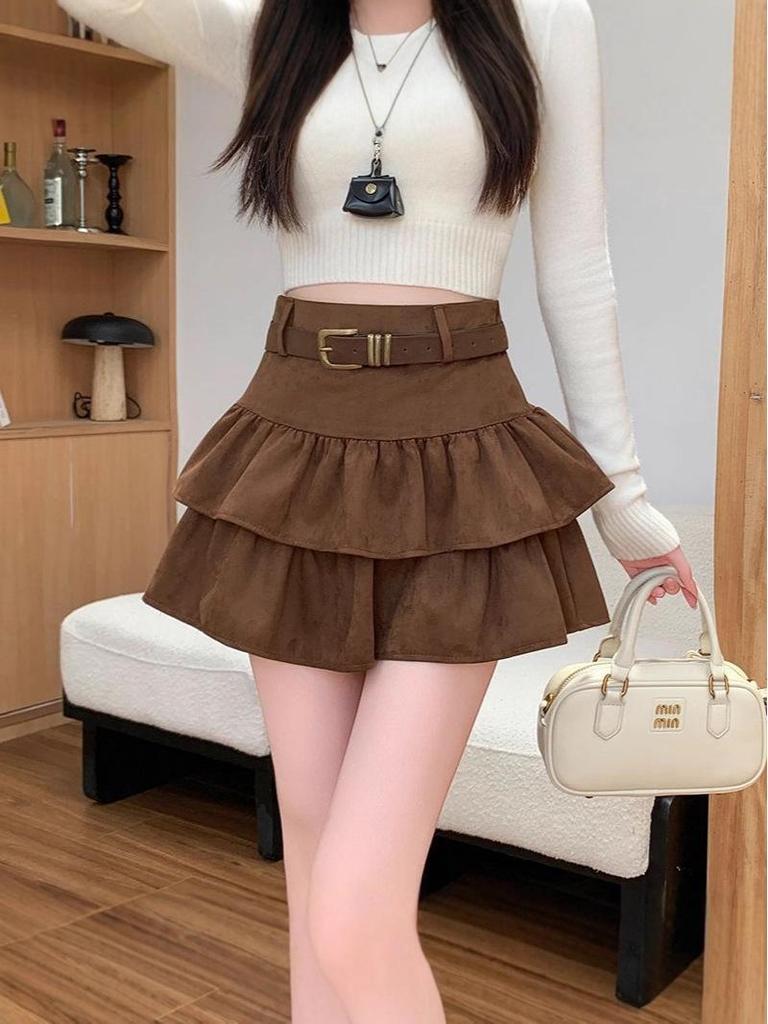 Air Layer Suede Plush High-Waisted Ruffle Short Skirt