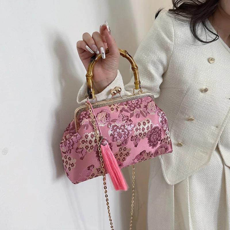 Vintage Crossbody Bags for Women Gray Tassel Lock Shell Clip Chain Handmade Pink Purses and Purses Designer Shoulder Bags