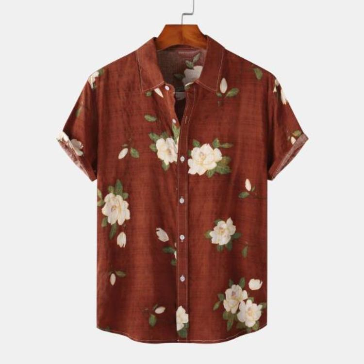 Men Summer Hawaiian Shirt Floral Leaves Print Streetwear Chic Single Breasted Thin Shirt