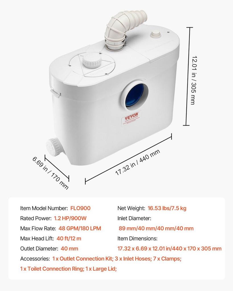 Pompe Broyeuse 900W Débit 48 GPM Hauteur de Levage 40 Pieds pour Toilettes Lavabo de Sous-sol
