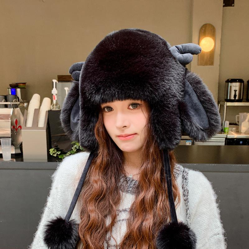 Cute plush hat women's winter outdoor cold protection, warm ear protection, antlers show face, small pullover hat