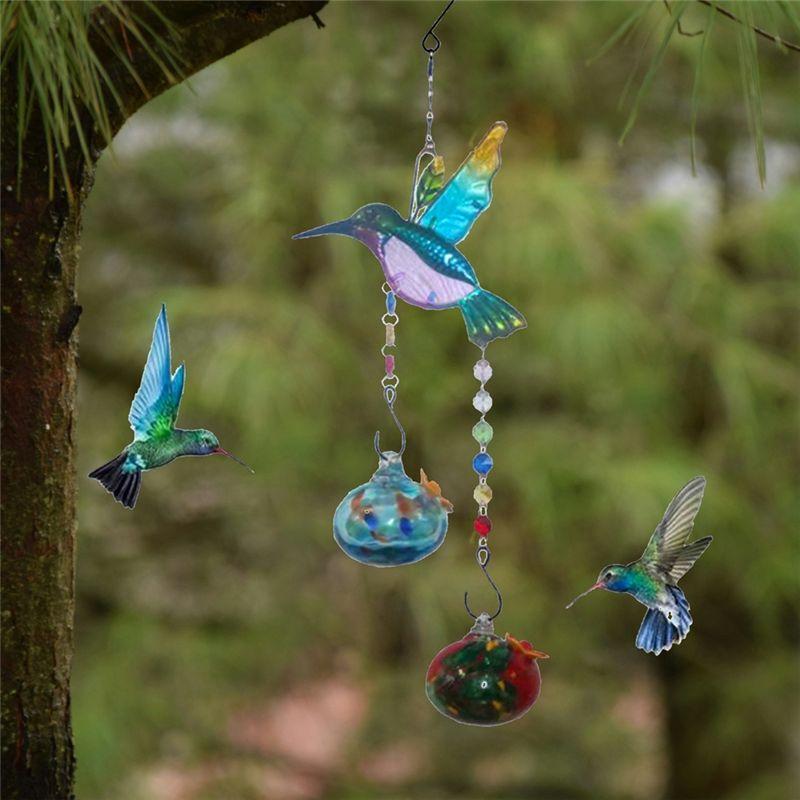 M-Modern-Stained Glass Feeder Wind Chime Bird Water Feeder To Feed Birds Durable Easy Install Easy To Use A