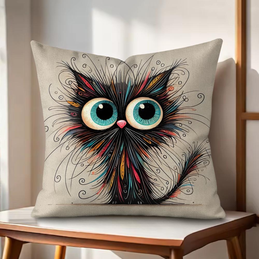 Whimsical Cat Cushion Cover Natural Linen Organic Fabric DoubleSided Printing Couch Pillow Covers Home Decor Gift