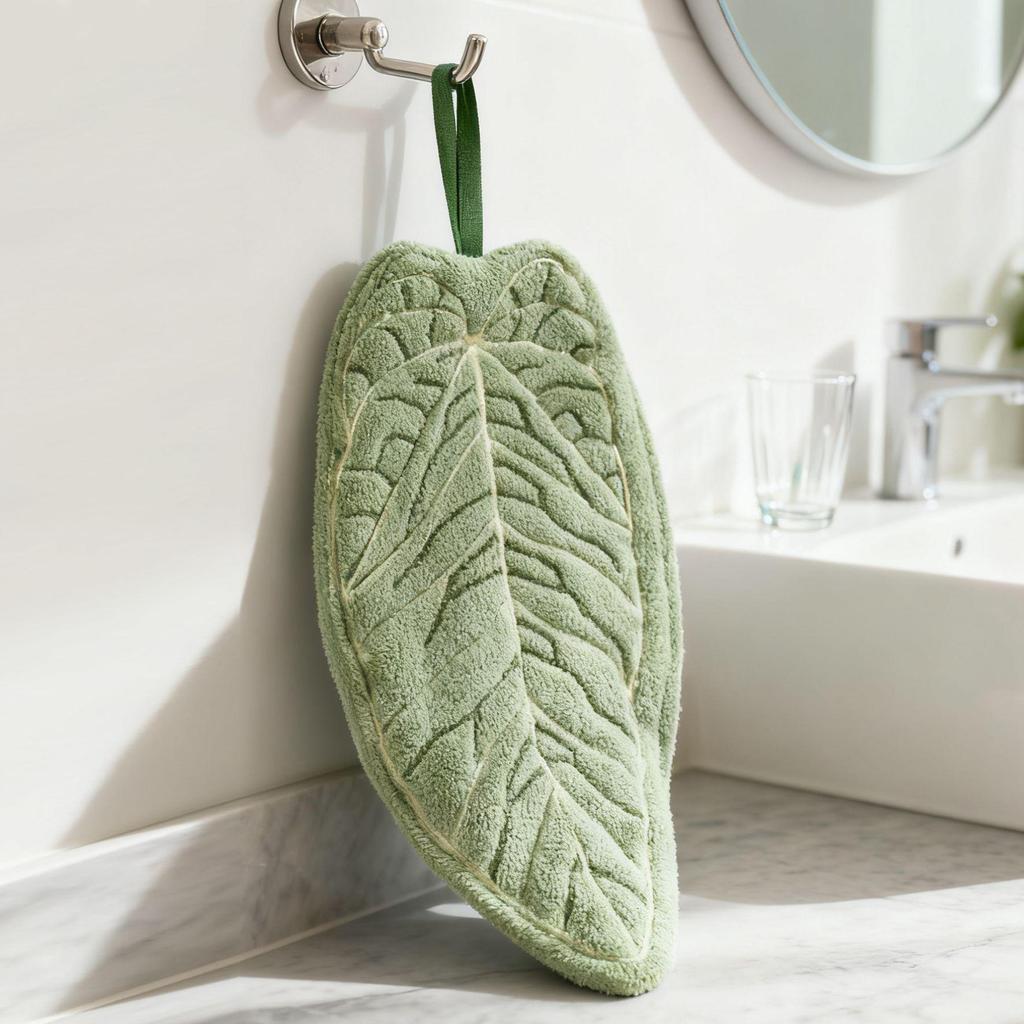 Leaf-Shaped Coral Fleece Hanging Hand Towel for Kitchen & Bathroom Cleaning