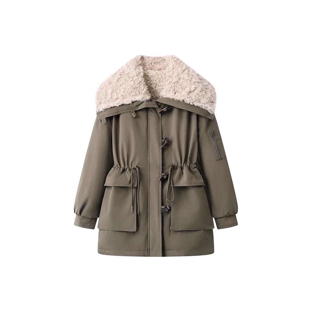 Lamb Wool Big Lapel Horn Buckle Waist-closing Tooling Plus Cashmere Girl New Thickening In Winter To Overcome