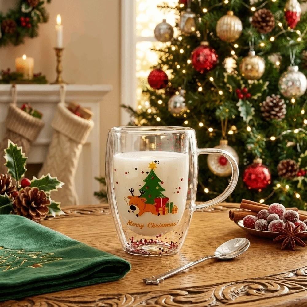 Drinkware Snowman Christmas Wine Glass Deer Tree Christmas Art Cup Shiny Double Layer Xmas Coffee Mug Coffee Enthusiasts