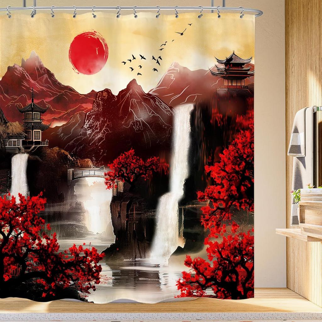 Japanese Cherry Blossom Shower Curtain Watercolor Black Red Floral Asian Chinese Mountain Sun Anime Fabric Waterproof