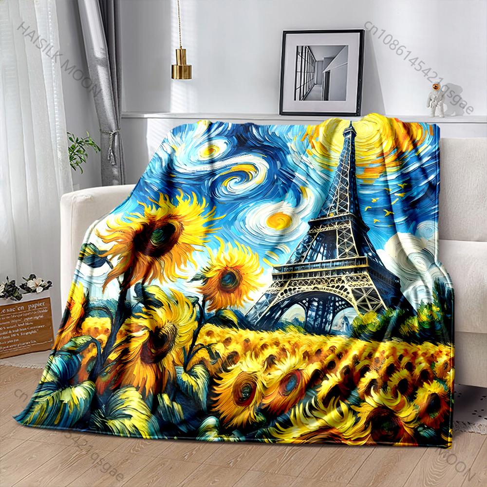 Swirling Sunflowers and Eiffel Tower Pattern Blanket Flannel Material Soft Warm for All Seasons, Home Outdoor Camping Picnics RV