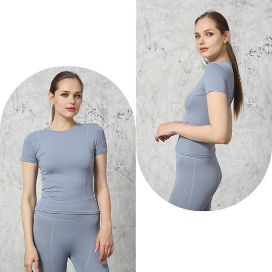 Women Sports Top Solid Color High Elastic Quick Drying Workout Shirt Short Sleeve Crew Neck Gym Apparel for Yoga Fitness