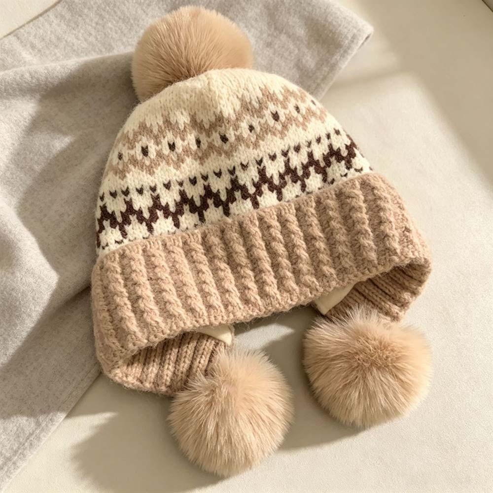 Cute Style Knit Beanie Hat Fleece Lined Winter Earflap Cap Jacquard Pullover Bonnet Students