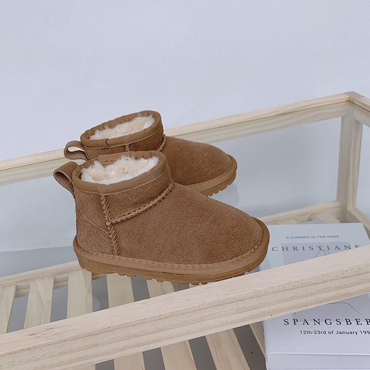 Winter Kinderen Peuter Echt Koeienleer Sneeuwschoenen Ultra Mini Meisjes Jongens Warme Katoenen Schoenen Baby Mode Buiten Korte Laarzen 35 bruin