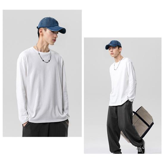 Men Long Sleeve T-Shirt Crew Neck Loose Fit Cotton Base Shirt Solid Color Casual Tee Shirt for Spring Autumn Casual Wear