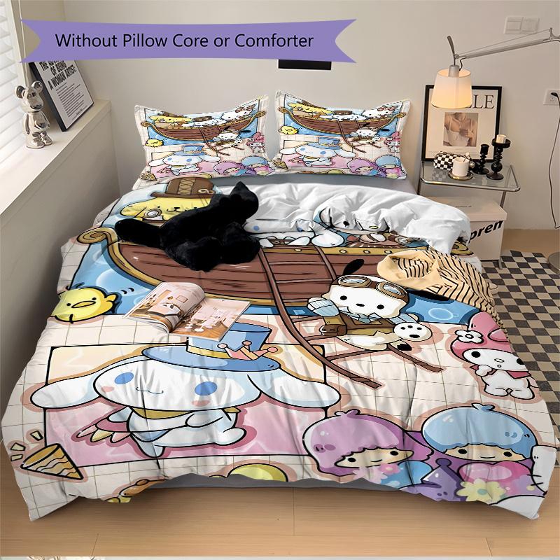 3pcs Cartoon Kitty On a Wooden Ship Bedding Set - Includes Quilt Cover and Pillowcases, Suitable for All Seasons,  H043