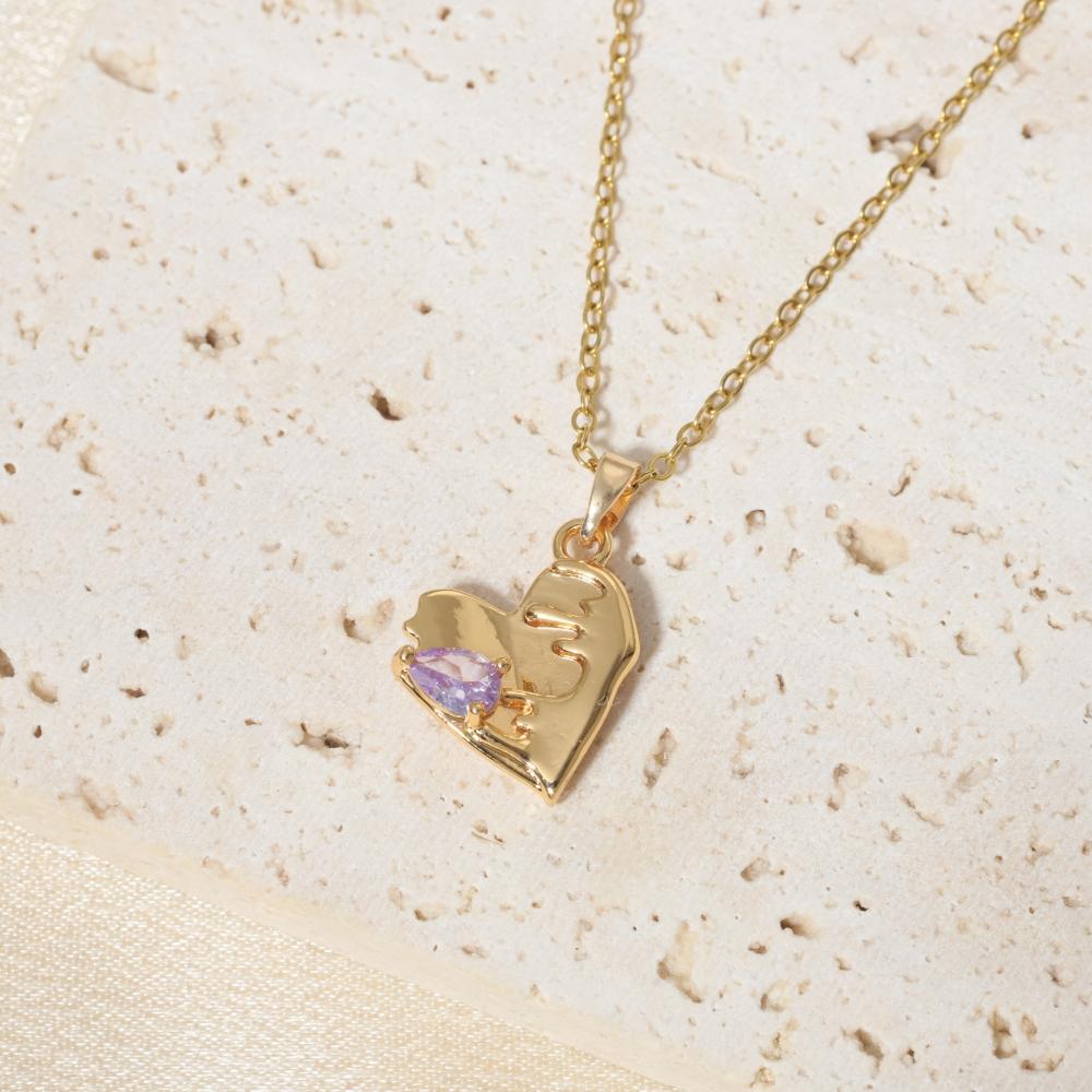 Purple Teardrop Zirconia Heart Pendant Necklace, Golden Tone Dainty Jewelry for Women