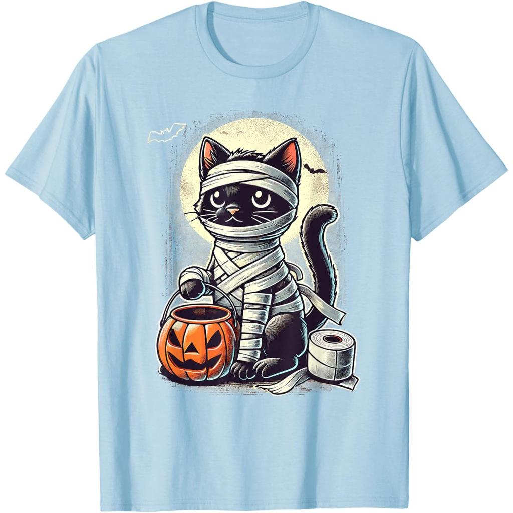 Mummy Black Cat Halloween Graphic Tee Cute Cartoon Kitten Trick Or Treat T-Shirt
