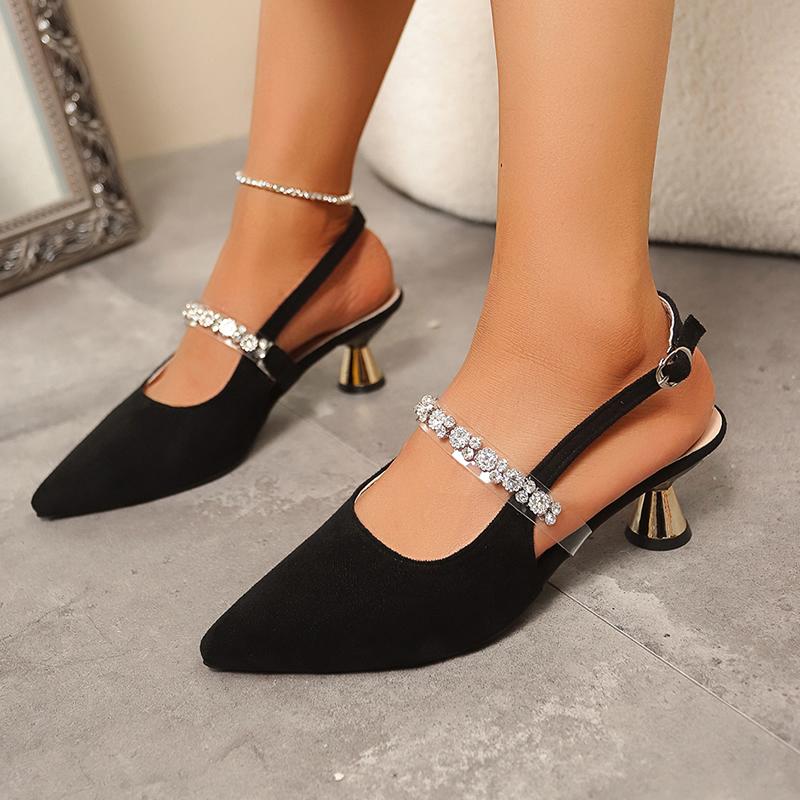 Women Sandals Ladies Sexy Buckle Rhinestone High Heels Female Casual Shoes Golden Silver Point Toe Trend Summer Pumps 2025