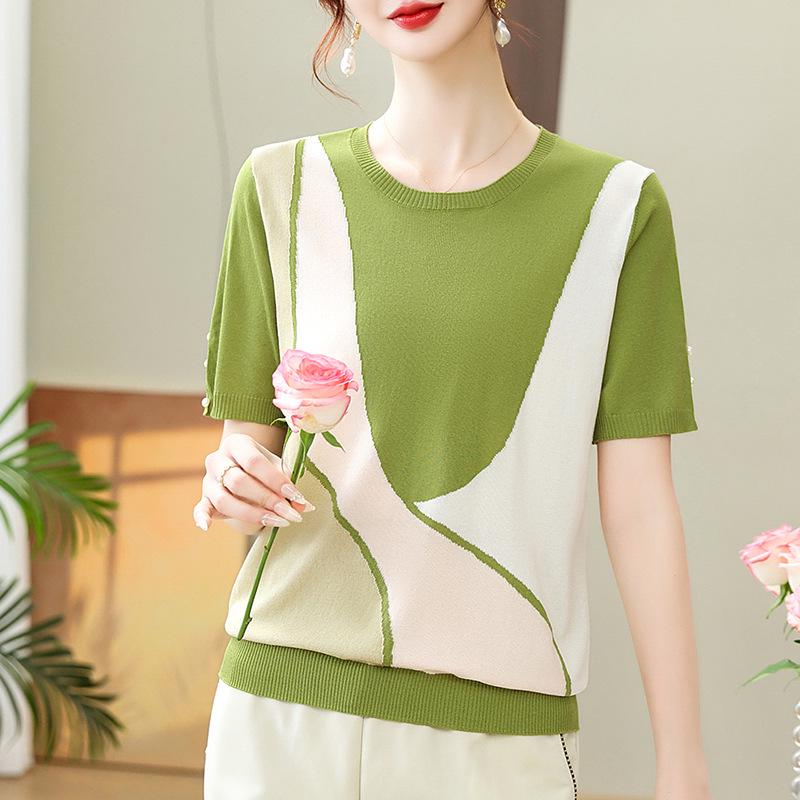 Women's Summer Knit Short-Sleeve Base Layer T-Shirt for Young Mothers & Middle-Aged Women