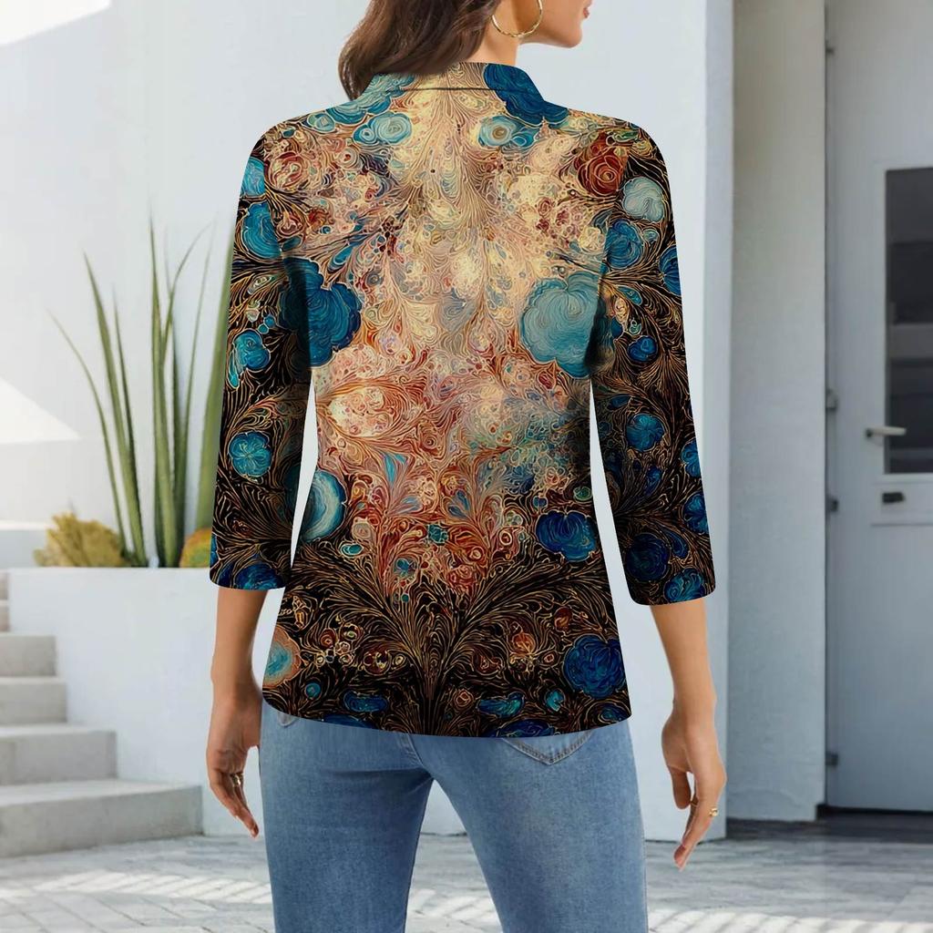 Damska Moda Casual Klapa Krótki Rękaw 3/4 Koszula z Nadrukiem Damskie Bluzki Zapinane na Guziki