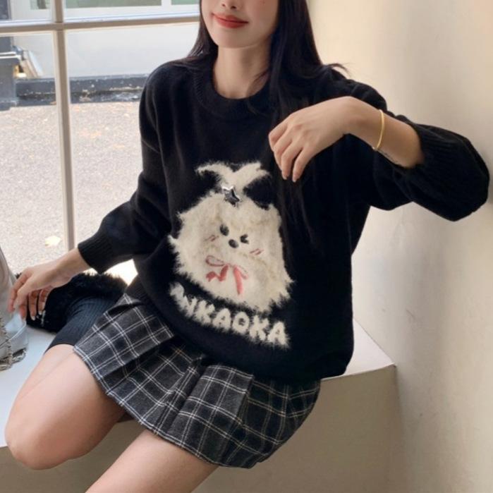Korean Autumn and Winter New Round Neck Loose Lazy Wind Soft Waxy Sweater Pullover Knitted Sweater Jacket Temperament Sweet Women's Clothing