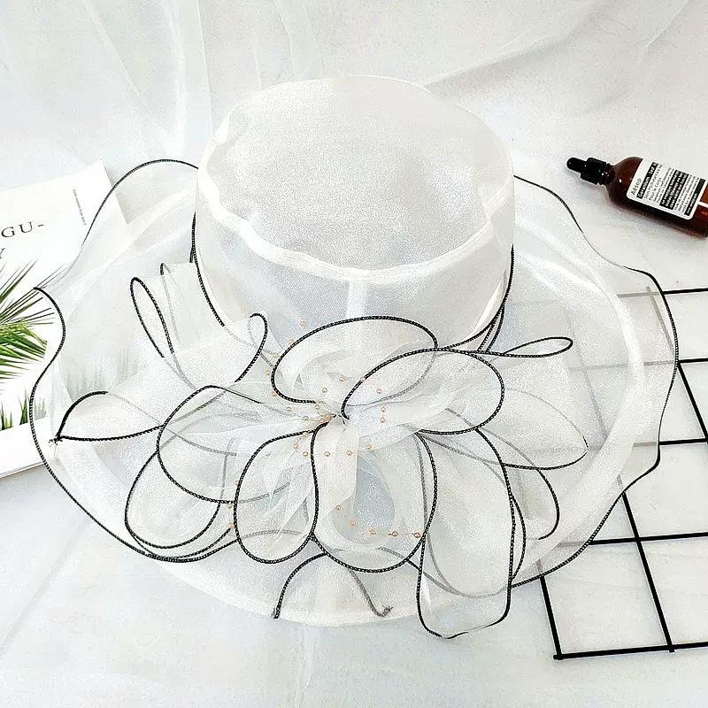 Hat Female Summer Vintage British Style Organza Flower Vacation Big Eaves Beach Sunscreen Flat Top Sun Hat