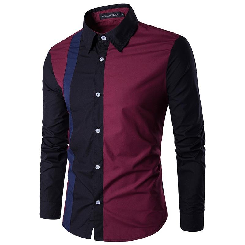 Men's Long Sleeve Button Front Patchwork Shirt Slim Fit Casual Formal Top