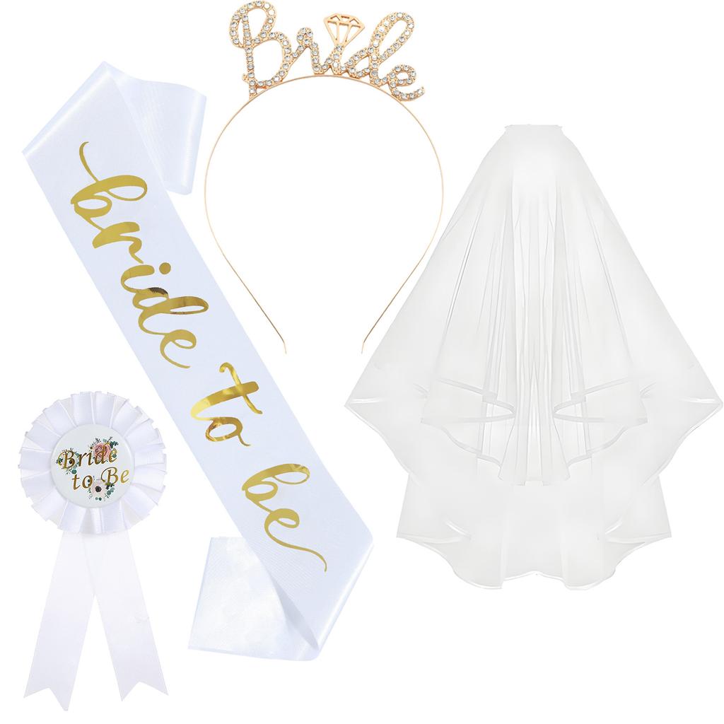 4-piece set for singles parties, including bridal headbands, shoulder straps, headbands, badges, and a set, bride to be, Wedding veil
