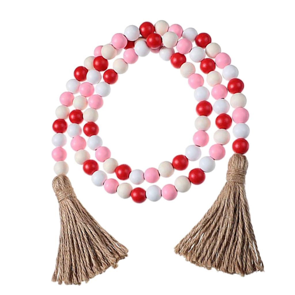 Valentine 100cm Wooden Bead Garland Romantic Red Pink Decorative String Festive Hemp Tassel Holiday Farmhouse Tabletop Accent