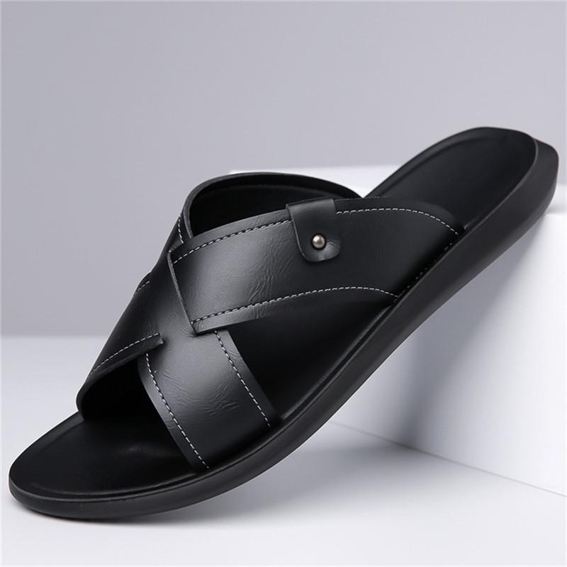 Summer Men Classic Lightweight One-line Slippers Men Anti-slip Pu Leather Casual Cool Slippers With Soft Beach Vacation Shoes