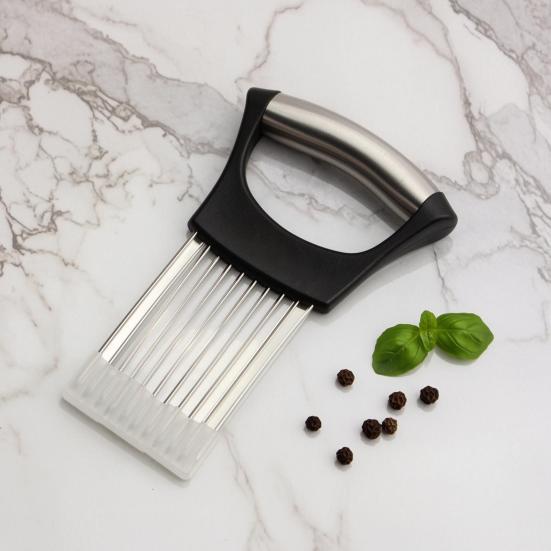 Stainless Steel Onion Slicer Holder with Protective Cover Tomatoes Avocados Potato Kiwifruit Meat Lemon Vegetable Fruit Cutter Chopper Kitchen Gadget