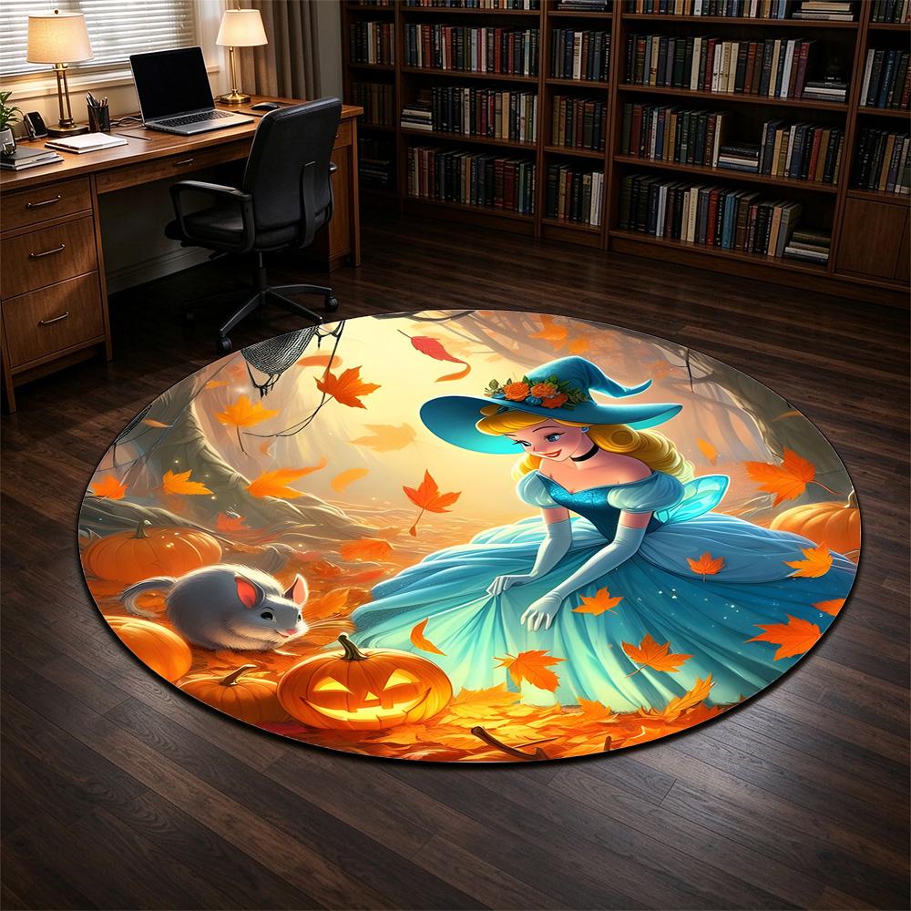 Round Rug Cinderella Witch Blue Gown Hat Autumn Forest Jack O Lantern Pumpkins Halloween Decor