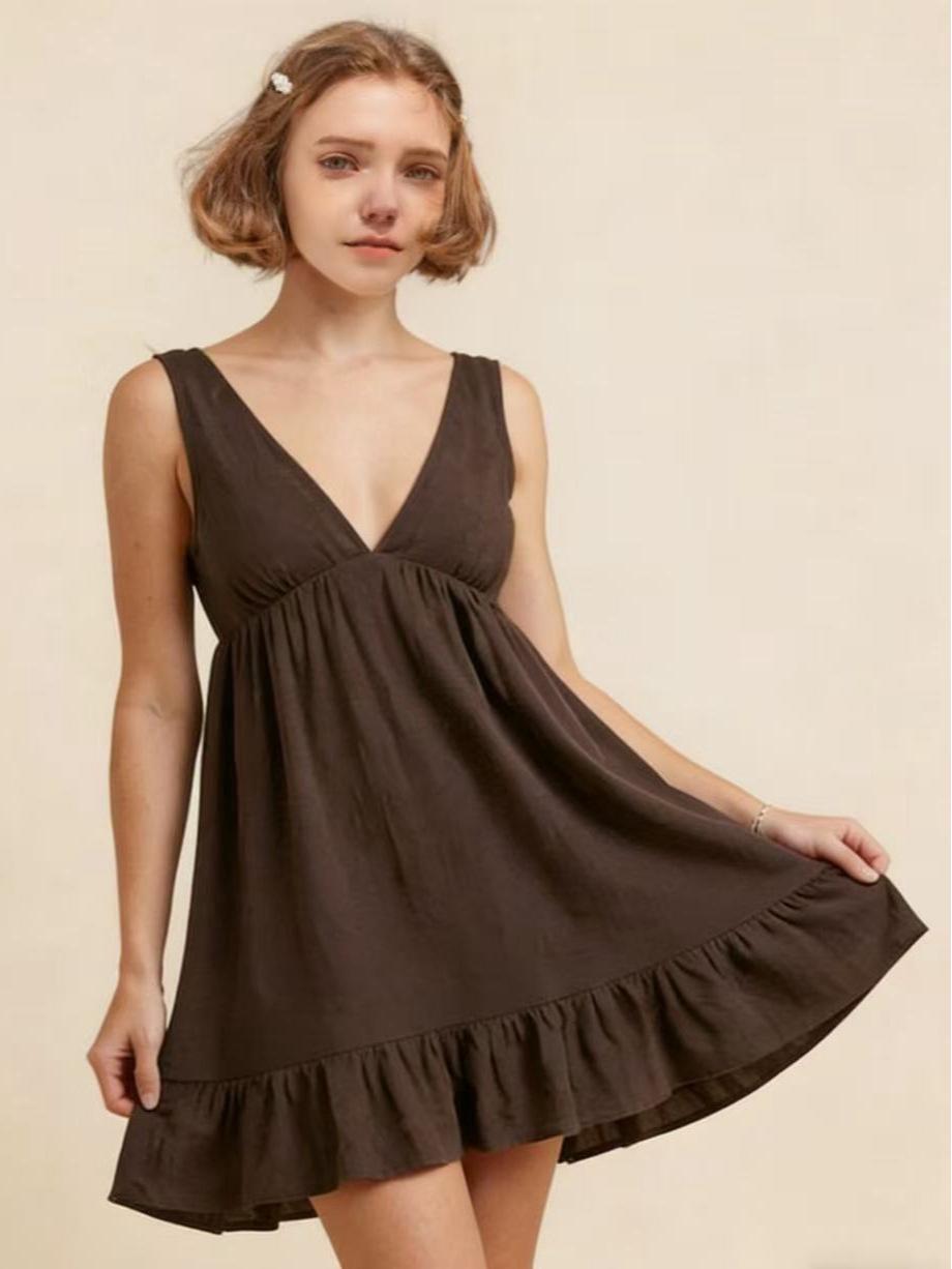 2026 Spring Women s Solid Color Deep V-neck Sleeveless Sexy Camisole Dress Extra Large темно-коричневого