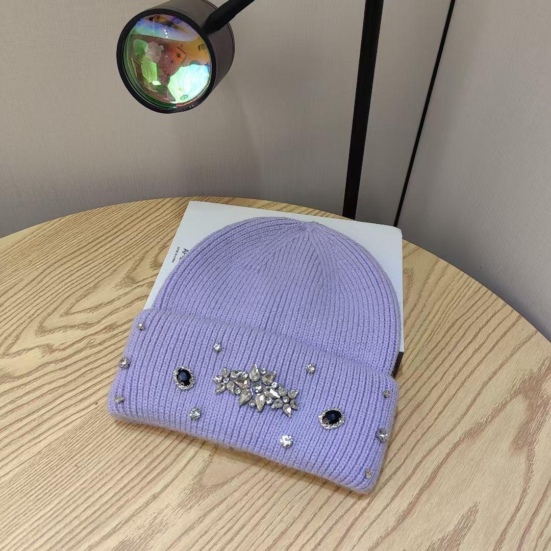 

Новая вязаная шапка из кроличьего пуха ручной работы со стразами, утолщенная, повседневная, теплая, пуловер, вязаная шапка для женщин M（56-58cm）