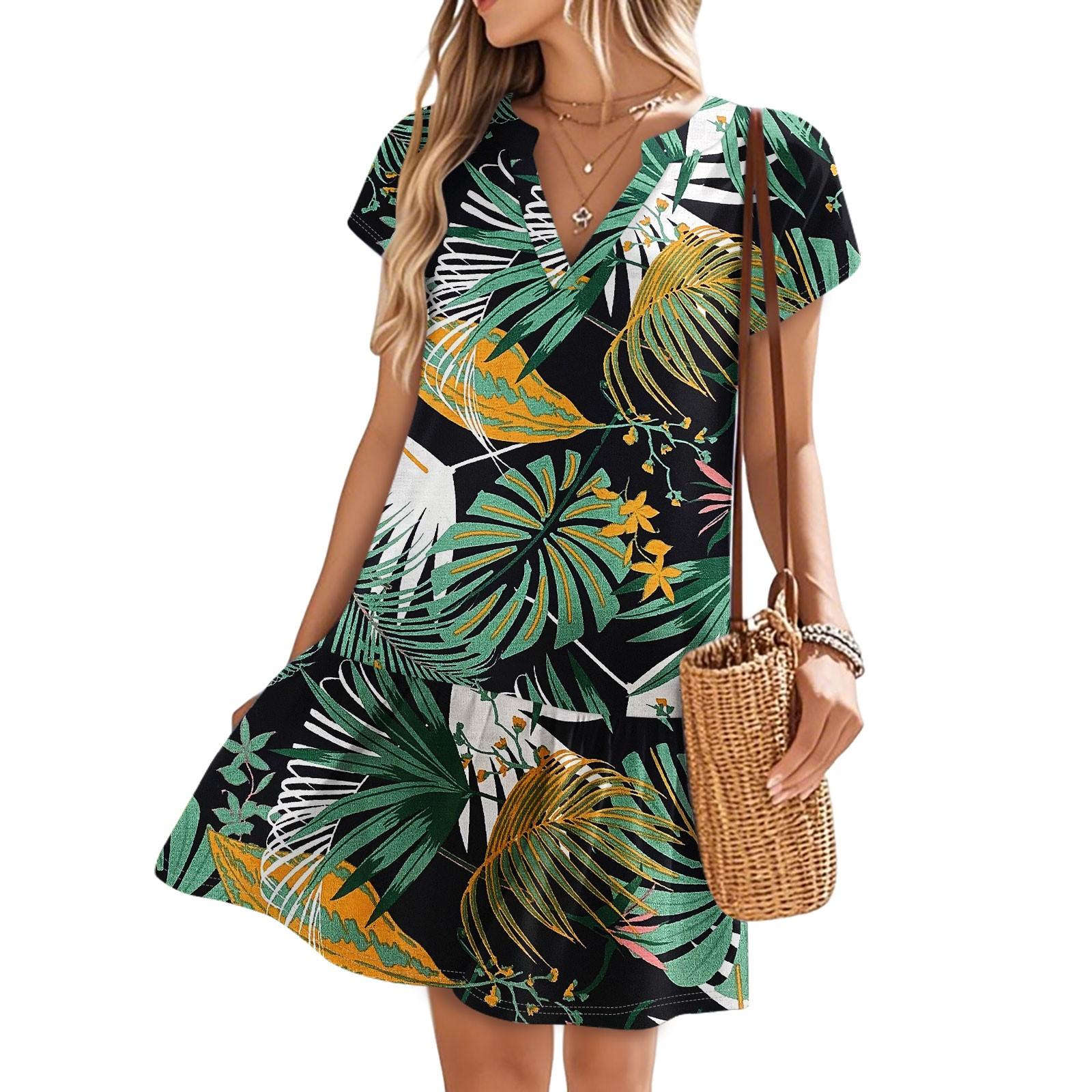 

Женские платья с коротким рукавом и V-образным вырезом с цветочным принтом Свободные повседневные пляжные платья в стиле темперамент L