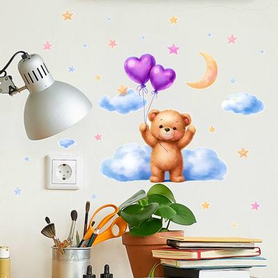 Adorable Little Bear Wall Sticker for Children's Bedroom Decoration Under The Cartoon Starry Sky