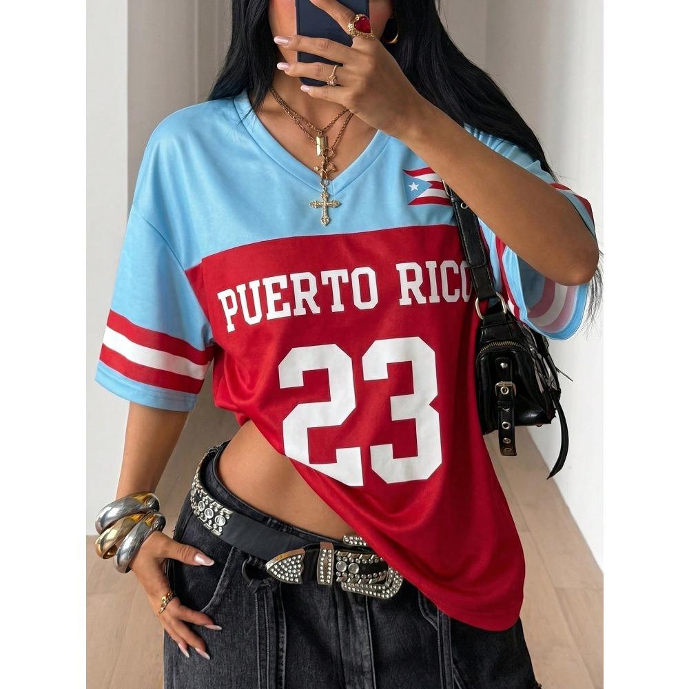 Red and Blue Retro Puerto Rico Style 23 Sports Jersey T Shirt Summer Short Sleeve Loose Fit Sporty Stylish Women Tops Tee