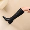 Krazing Pot Cow Skin Microfiber Pointed Toe Thick High Heels Knee Boots Size 46 Size 45 Slip on Plus Size Women Keep Warm Long Boots