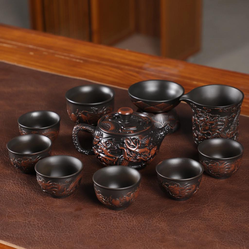 Teapot purple pottery material large capacity pure hand-carved retro relief desktop ornament household Chinese gift rotary pot