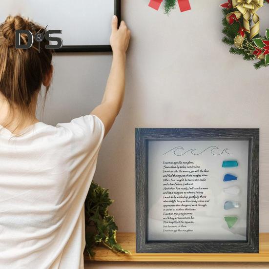 Sea Glass Picture Frame Wooden Photo Frame with Colorful Sea Glass Frame Sea Glass Poem Framed Artwork Ornament for Home Decor