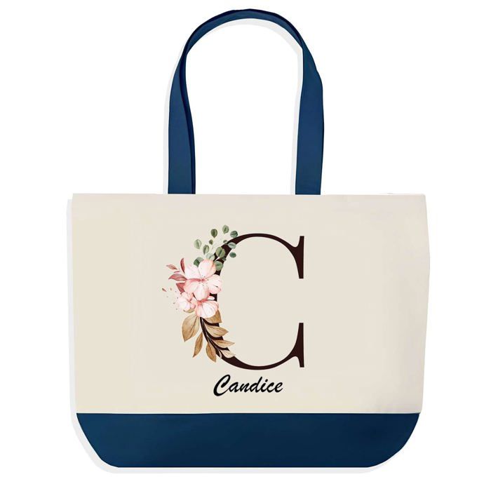 Tote bag - PLANETEE - Candice - Fond bleu - Motif Lettre Fleur - Coton 40x45 cm