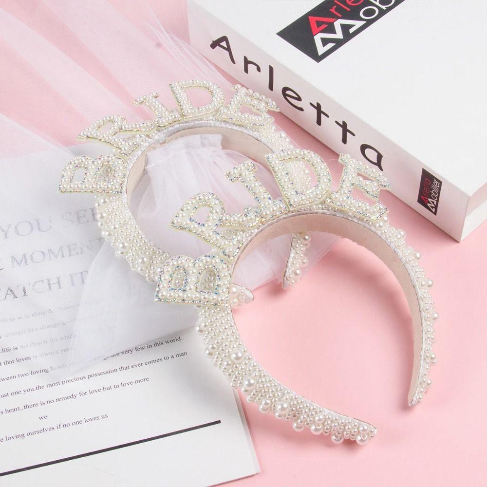 With Veil Pearl Crown Headband White Bridal Hair Accessories  Engagement Dinner Hair Accessories