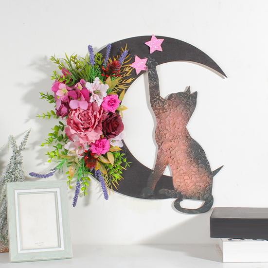 Yousheng Halloween Moon Cat Wreath for Front Door Crescent Moon Wreath Sign with Artificial Rose Flowers for Gothic Home Decoration