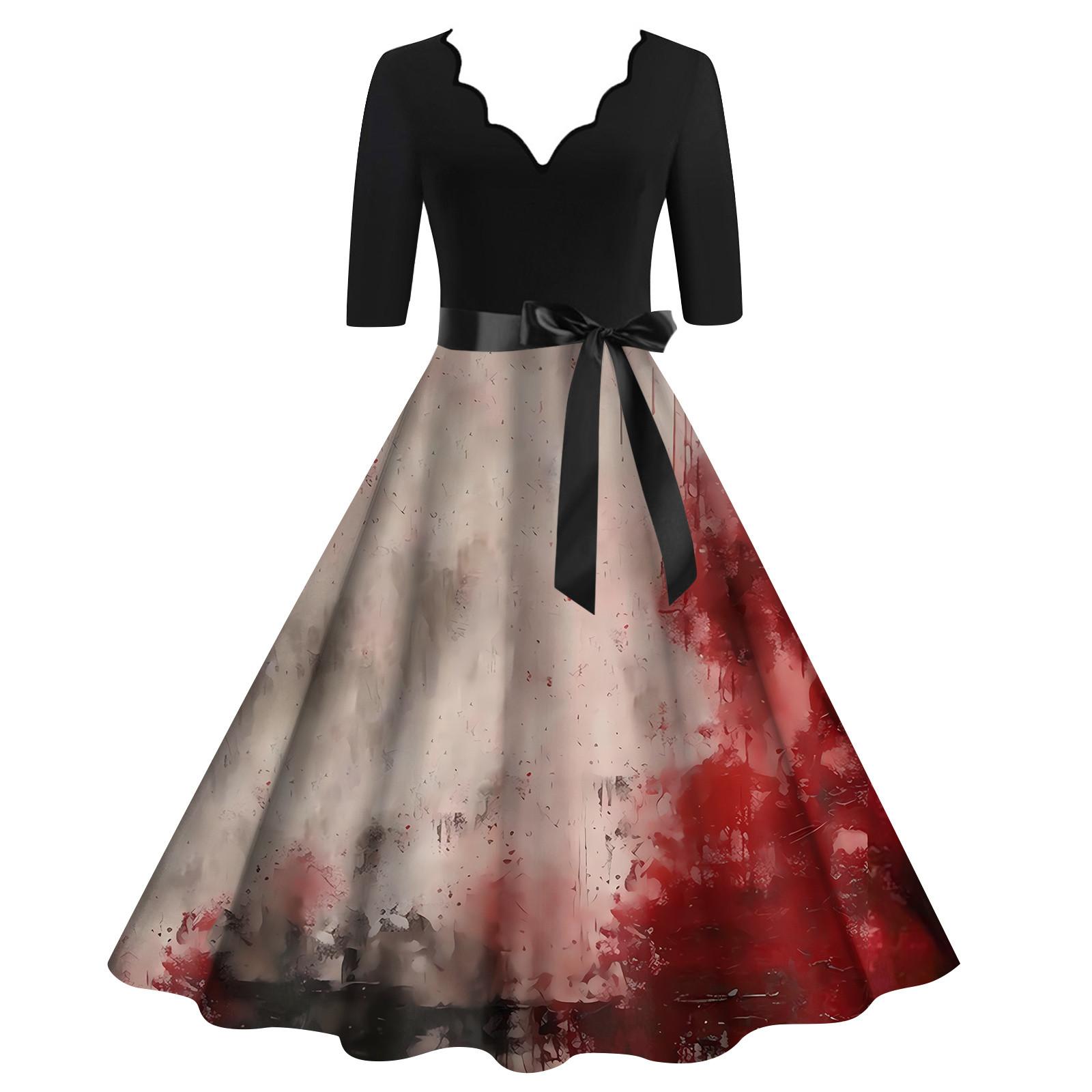 

Женское винтажное платье для выпускного вечера с длинным рукавом и принтом на Хэллоуин для всей семьи XL киноварь