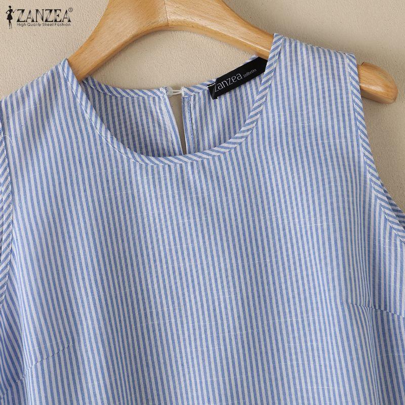 ZANZEA Women Casual Round Neck Loose Sleeveless Stripe Dress
