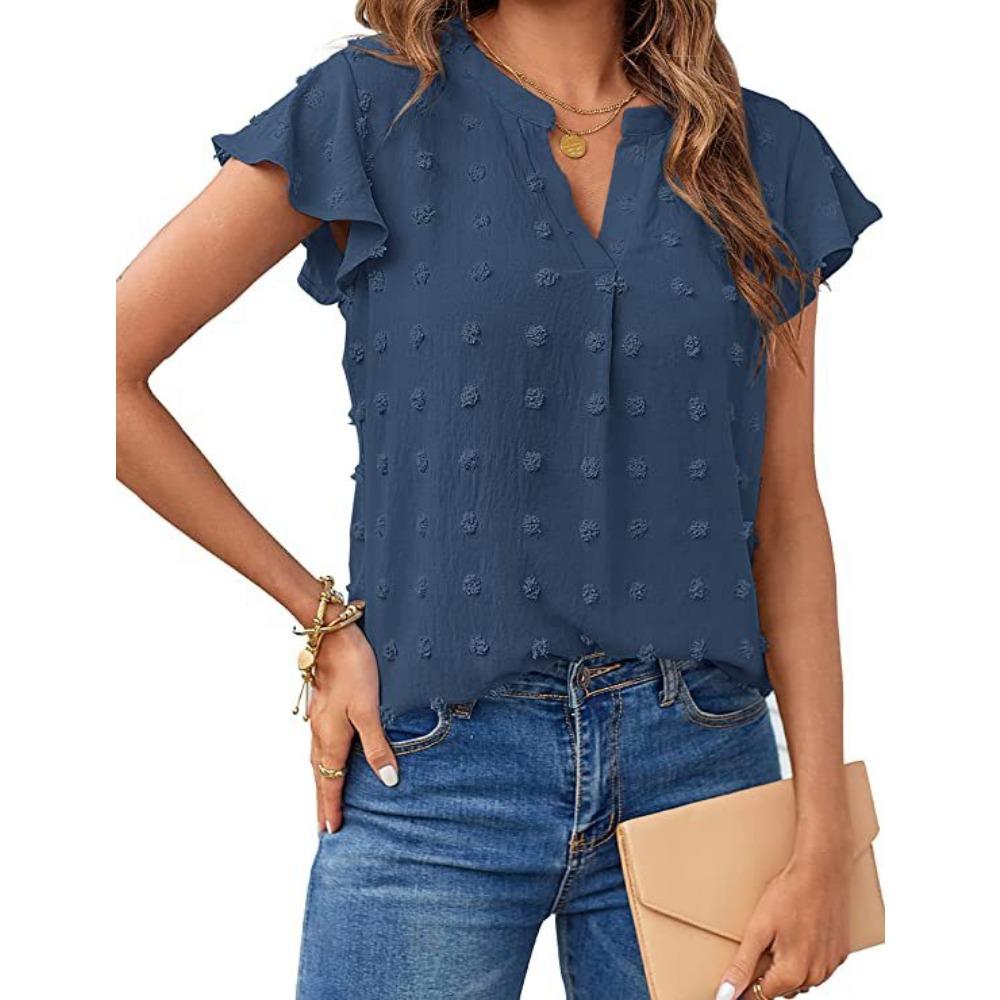 Women's Summer New V-Neck Ruffled Peplum Sleeve Pom-Pom Blouse Chiffon Shirt