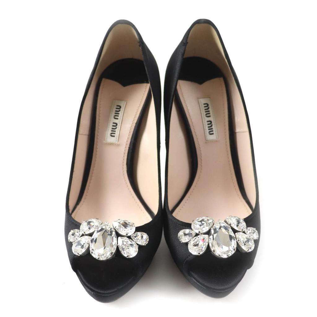 Tolle MIUMIU Pumps Offene Zehenpartie mit Kristallschmuck Schwarz Satin Damen 37 Gebraucht