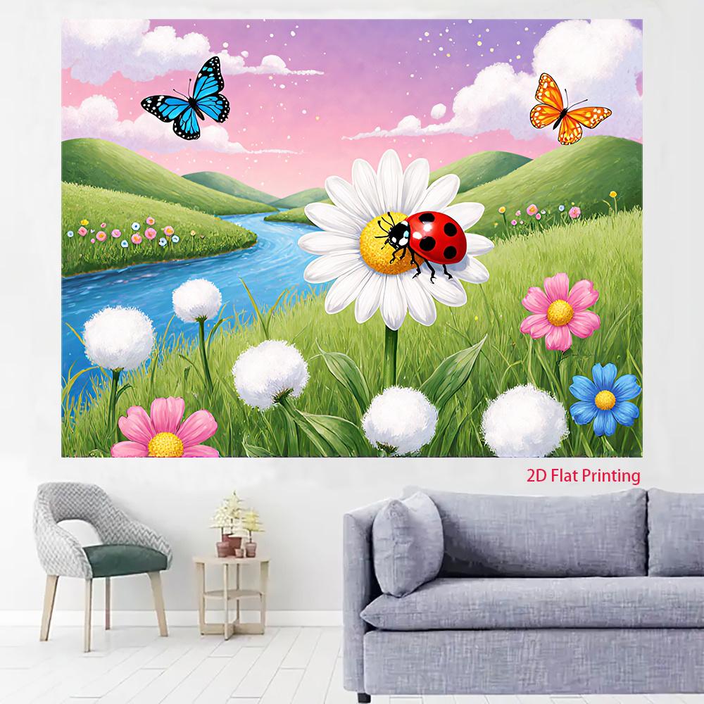 2D flat design single piece - Butterfly Dance Among Flowers Ladybug Dream Horizontal Background Fabric 100x150cm