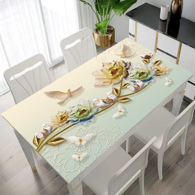 Floral Patterned Tablecloth, Placemat, Waterproof, Oil-proof, Heat-resistant, Washable, Rectangular PVC Coffee Table Protector