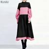 Women Casual Stand Collar Long Sleeve Patchwork Long Dress